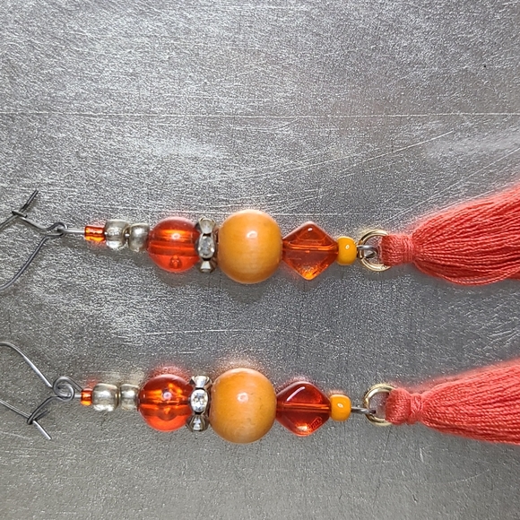Brand New Earrings Orange Glass Tassel Lightweight Eclectic Travel Handmade Fun - Picture 3 of 3